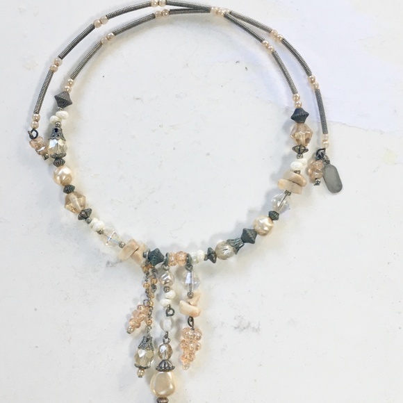 Gently Worn Treska Vintage Wire Choker Necklace with Amber & Black Stones - Picture 2 of 3